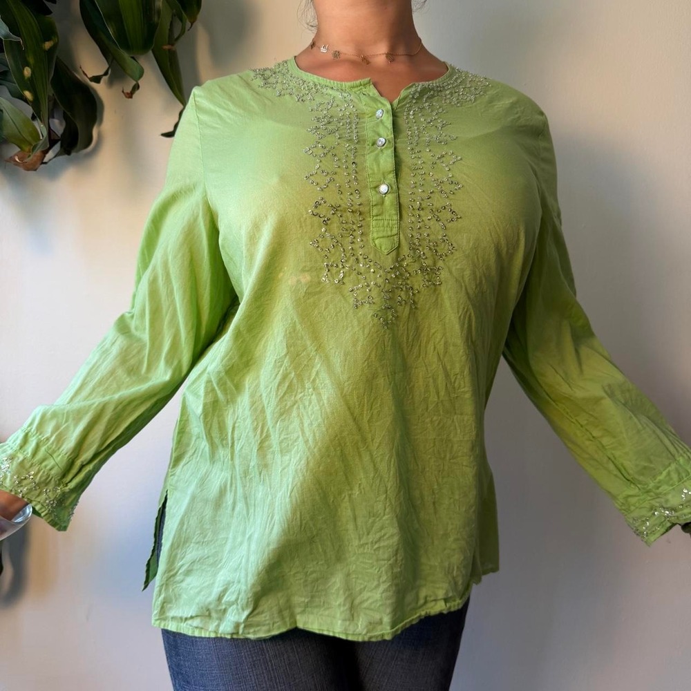 Vintage Old Navy Lime Green Beaded Sequin Top Fairycore Boho XL